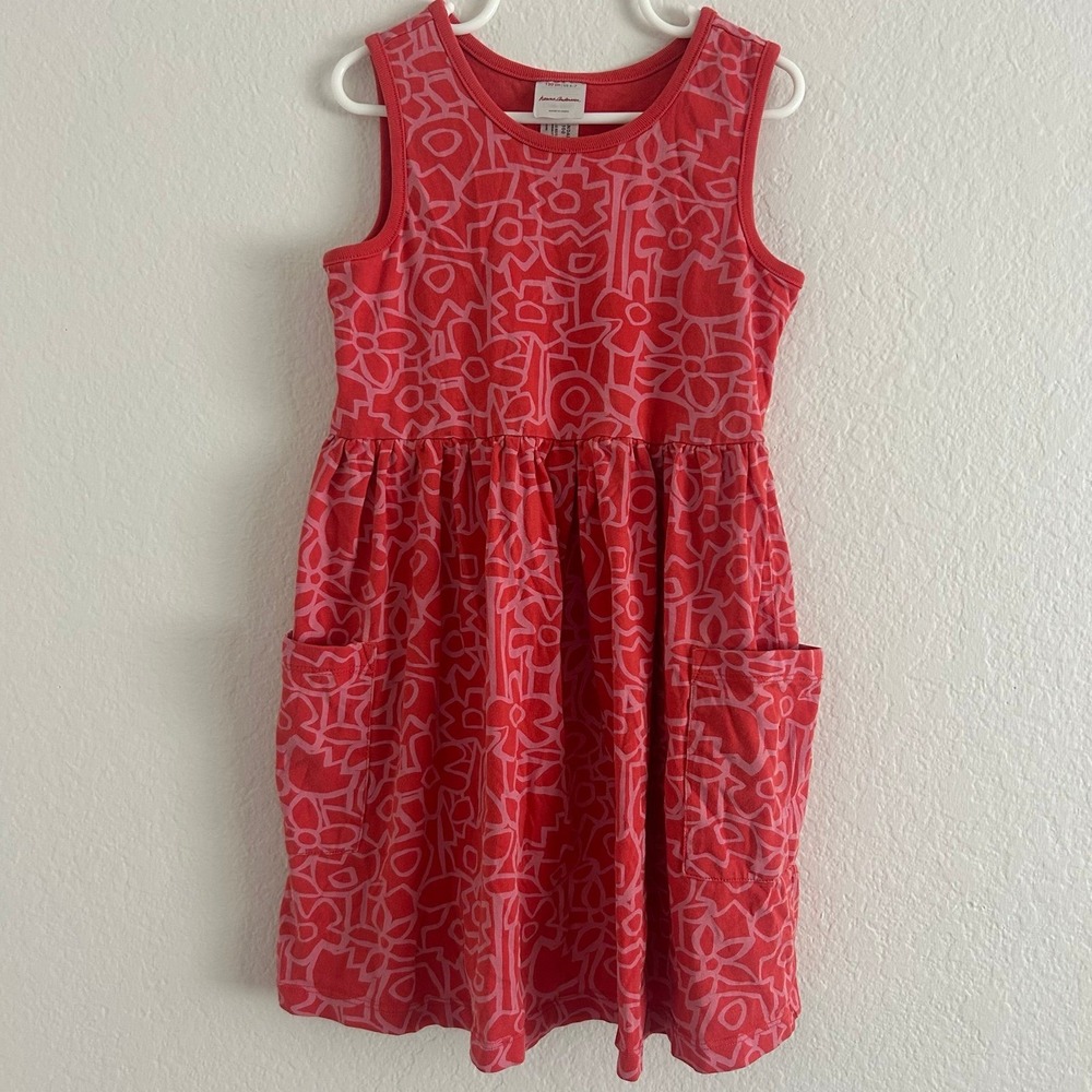 Hanna Andersson Girls Tank Top Red Pink Floral Pattern Size 6-7 With Pockets
